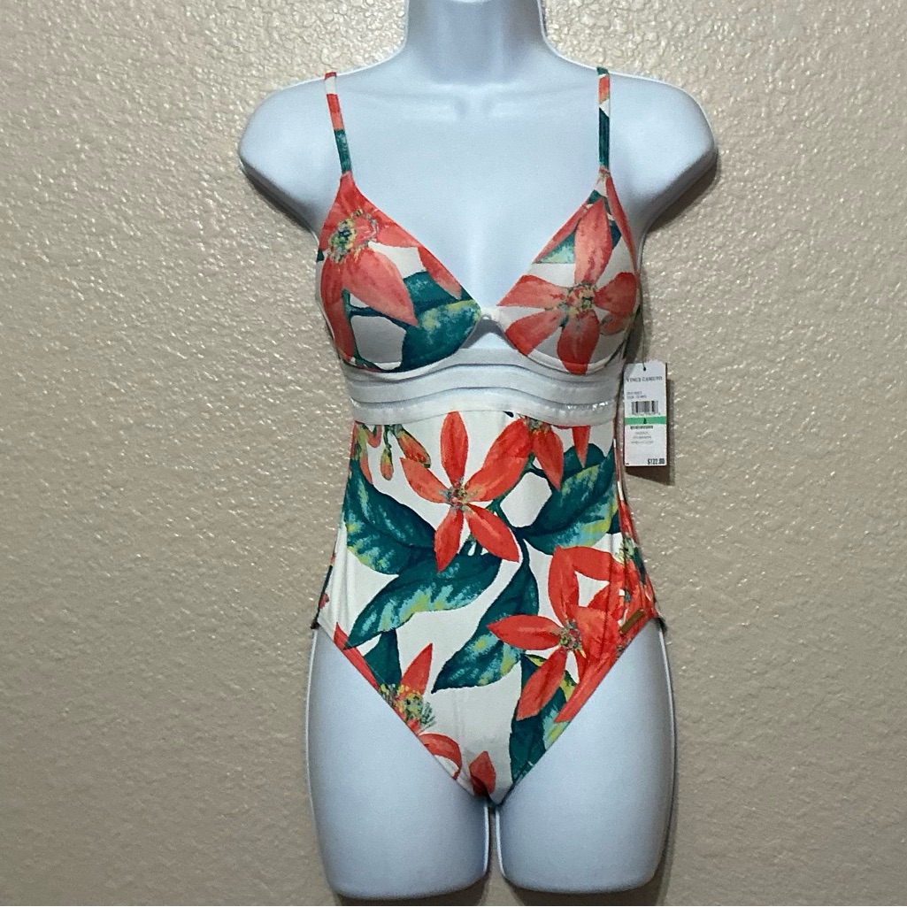 Vince Camuto Orange & Teal Tropical Floral Print Swimsuit